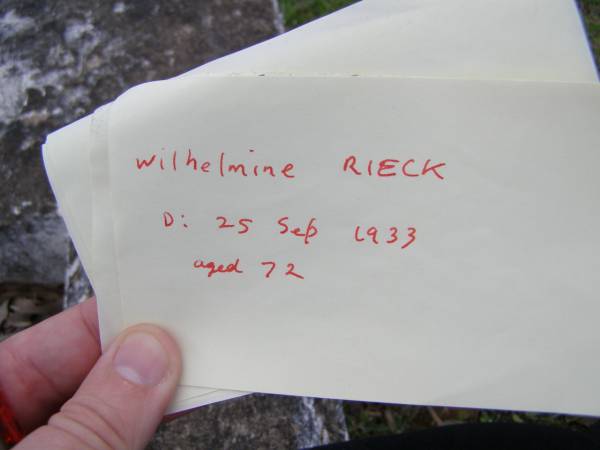 Wilhelmine RIECK, mother,  | died 25 Sept 1933 aged 72 years;  | Minden Baptist, Esk Shire  | 