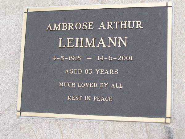 Ambrose Arthur LEHMANN,  | 4-5-1918 - 14-6-2001 aged 83 years;  | Minden Baptist, Esk Shire  | 