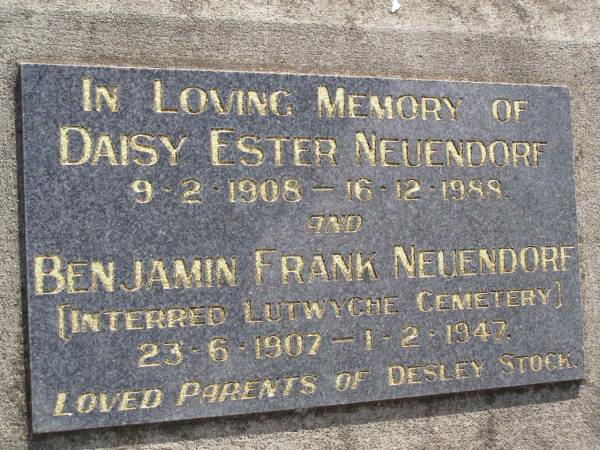 Daisy Ester NEUENDORF,  | 9-1-1908 - 16-12-1988;  | Benjamin Frank NEUENDORF,  | 23-6-1907 - 1-2-1947,  | interred Lutwyche Cemetery;  | parents of Desley STOCK;  | Minden Baptist, Esk Shire  | 