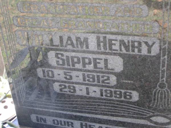 William Henry SIPPEL,  | husband father father-in-law  | grandfather great-grandfather,  | 10-5-1912 - 29-1-1996;  | Louisa SIPPEL,  | wife mother mother-in-law  | grandmother great-grandmother,  | 9-3-1914 - 2-11-1999;  | Minden Baptist, Esk Shire  | 