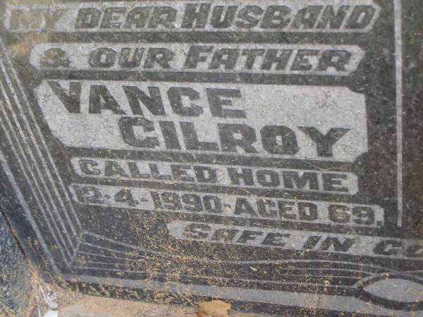 Vance Gilroy KICKBUSCH,  | husband father,  | died 12-4-1990 aged 69 years;  | Minden Baptist, Esk Shire  | 