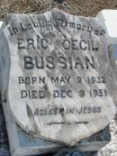 
Eric Cecil BUSSIAN
b: 9 May 1932, d: 9 Dec 1933
Minden Zion Lutheran Church Cemetery
