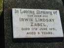 Irwin Lindsay ZABEL 11 Jun 1951, aged 8 Minden Zion Lutheran Church Cemetery 