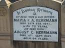 Maria F A HERRMANN 26 Feb 1944, aged 72 August C HERRMANN 11 Sep 1949, aged 84 Minden Zion Lutheran Church Cemetery 