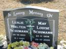 Leslie Walter SCHUMANN b: 24 Oct 1907, d: 9 Jan 1989 May Louise SCHUMANN b: 23 May 1908, d: 29 Oct 2000 Minden Zion Lutheran Church Cemetery 