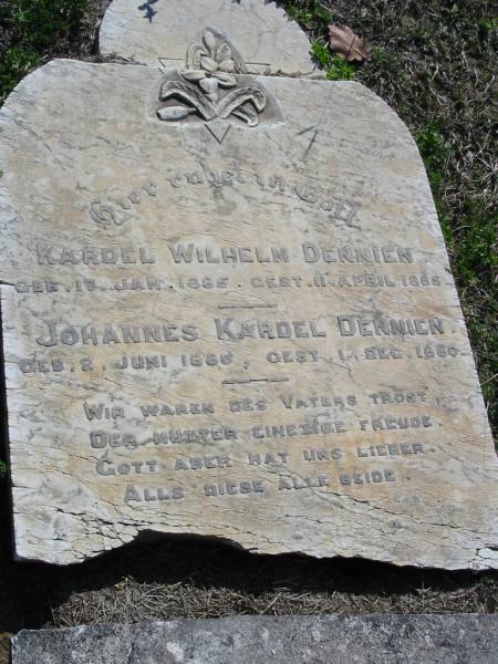 Kardel Wilhelm DENNIEN  | b: 17 Jan 1885, d: 11 Apr 1885  | Johannes Kardel DENNIEN  | b: 2 Jun 1880, d: 1 Dec 1880  | Minden Zion Lutheran Church Cemetery  | 