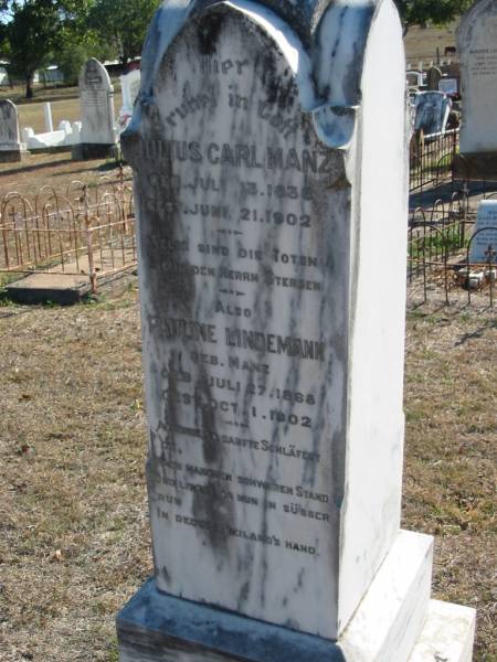 Julius Carl MANZ  | b: 13 Jul 1838, 21 Jun 1902  | Pauline LINDEMANN (geb MANZ)  | b: 27 Jul 1868, d: 1 Oct 1902  | Minden Zion Lutheran Church Cemetery  | 