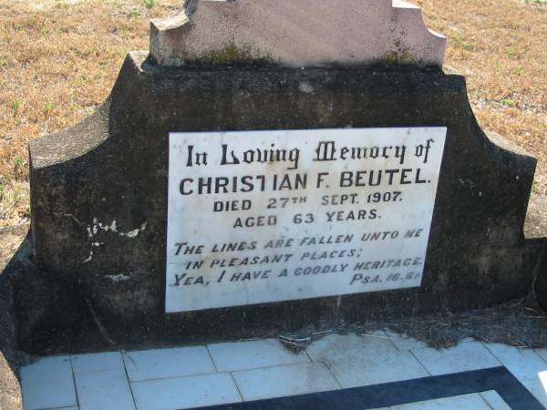 Christian F BEUTEL  | 27 Sep 1907, aged 63  | Minden Zion Lutheran Church Cemetery  | 