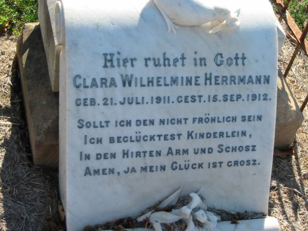 Clara Wilhelmine HERRMANN  | b: 21 Jul 1911, d: 15 Sep 1912  | Minden Zion Lutheran Church Cemetery  | 