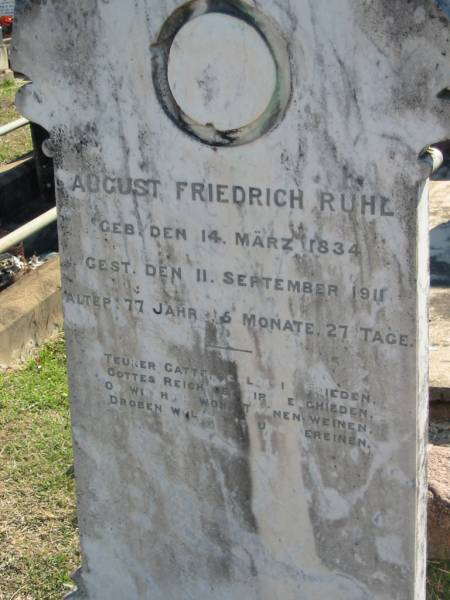 August Friedrich RUHL  | b: 14 Mar 1834, d: 11 Sep 1911  | 77 years, 6 months, 27 days  | Minden Zion Lutheran Church Cemetery  | 