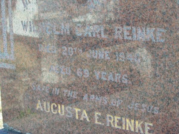 Wilhelm Carl REINKE  | d: 20 Jun 1946 aged 69  | Augusta E REINKE  | 7 Sep 1959, aged 83  | Minden Zion Lutheran Church Cemetery  | 