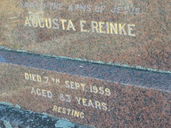 Wilhelm Carl REINKE  | d: 20 Jun 1946 aged 69  | Augusta E REINKE  | 7 Sep 1959, aged 83  | Minden Zion Lutheran Church Cemetery  | 