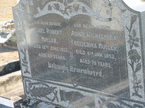 Carl Robert MULLER  | 12 Jun 1933, aged 69  | Annie Wilhelmina Freiderika MULLER  | 4 Jan 1952, aged 78  | Minden Zion Lutheran Church Cemetery  | 