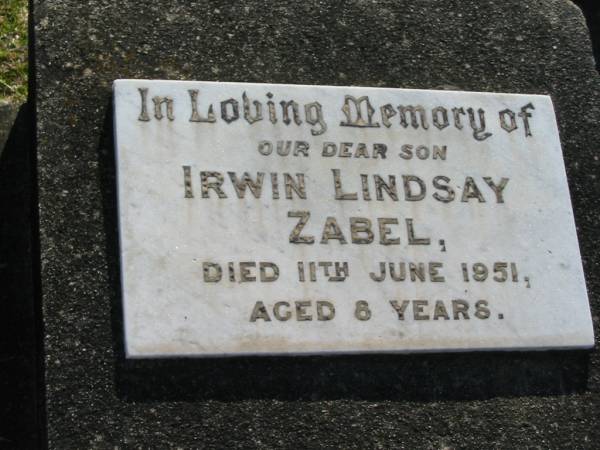 Irwin Lindsay ZABEL  | 11 Jun 1951, aged 8  | Minden Zion Lutheran Church Cemetery  | 