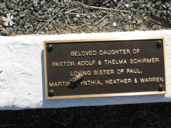 Elizabeth Anne SCHIRMER  | 17 Jun 1953  | daughter of pastor Adolf and Thelma SCHIRMER  | sister of Paul, Martin, Cynthia, Heather and Warren  | Minden Zion Lutheran Church Cemetery  | 