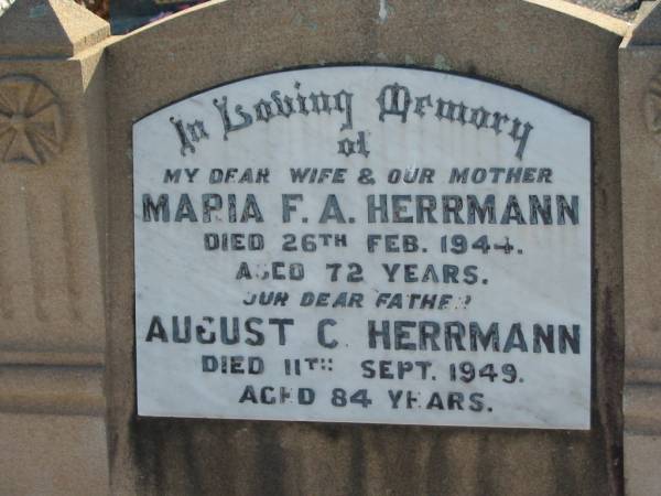 Maria F A HERRMANN  | 26 Feb 1944, aged 72  | August C HERRMANN  | 11 Sep 1949, aged 84  | Minden Zion Lutheran Church Cemetery  | 