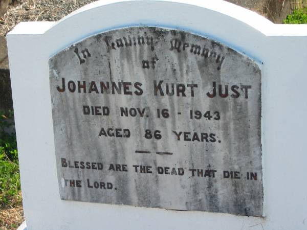 Johannes Kurt JUST  | 16 Nov 1943, aged 86  | Minden Zion Lutheran Church Cemetery  | 