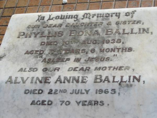 Phyllis Edna BALLIN  | 10 Aug 1938, aged 17 years 6 months  | Alvine Anne BALLIN  | 22 July 1965 aged 70  |   | Henry BALLIN  | 3 June 1963 aged 79  | Edward A WOOD  | b: 1911, d: 1993  | Herbert Frederick WOOD  | 18 Aug 1977 aged 63  | Minden Zion Lutheran Church Cemetery  | 