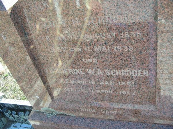 August H SCHRODER  | b: 12 Aug 1855, d: 11 May 1938  | Friederike W A SCHRODER  | b: 18 Jan 1861, 11 Apr 1942  | Minden Zion Lutheran Church Cemetery  | 
