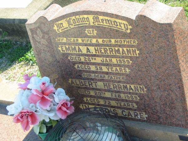Emma A HERRMANN  | 26 Jan 1959, aged 58  | Albert HERRMANN  | 20 Feb 1969, aged 72  | Minden Zion Lutheran Church Cemetery  | 