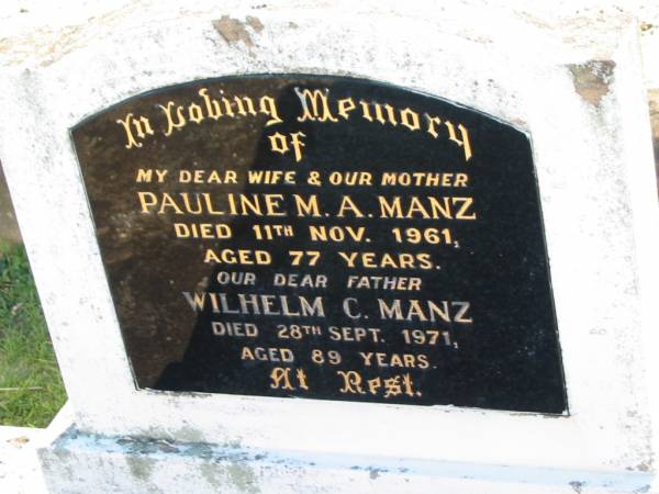 Pauline M A MANZ  | 11 Nov 1961, aged 77  | Wilhelm C MANZ  | 28 Sep 1971, aged 89  | Minden Zion Lutheran Church Cemetery  | 