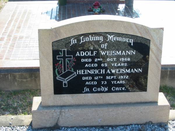 Adolf WEISMANN  | 2 Oct 1968, aged 65  | Heinrich A WEISMANN  | 12 Sep 1972 aged 73  | Minden Zion Lutheran Church Cemetery  | 