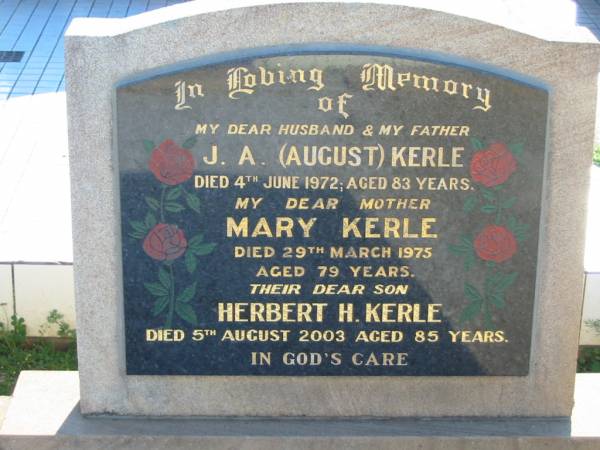 J A (August) KERLE  | 4 Jun 1972, aged 83  | Mary KERLE  | 29 Mar 1975, aged 79  | and their son  | Herbert H KERLE  | 5 Aug 2003, aged 85  |   | Doreen May PFLUGRATH  | 20 Sep 1999, aged 56  | Minden Zion Lutheran Church Cemetery  | 