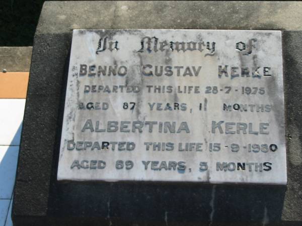 Benno Gustav KERLE  | 28 Jul 1975, aged 87 years 11 months  | Albertina KERLE  | 15 Sep 1980, aged 89 years 5 months  | Minden Zion Lutheran Church Cemetery  | 