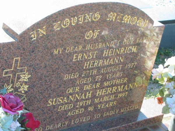Ernst Heinrich HERRMANN  | 27 Aug 1977, aged 72  | Susannah HERRMANN  | 29 Mar 1997, aged 90  | Minden Zion Lutheran Church Cemetery  | 