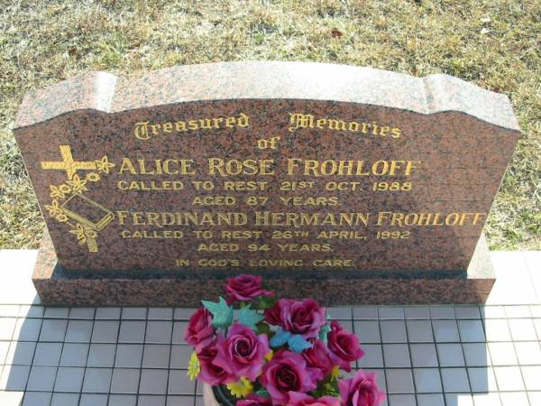 Alice Rose FROHLOFF  | 21 Oct 1988, aged 87  | Ferdinand Hermann FROHLOFF  | 26 Apr 1992, aged 94  | Minden Zion Lutheran Church Cemetery  | 