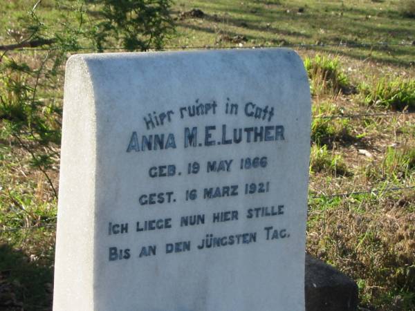 Anna M E LUTHER  | geb 19 May 1866; gest 16 Marz 1921  | Minden/Coolana - St Johns Lutheran  | 