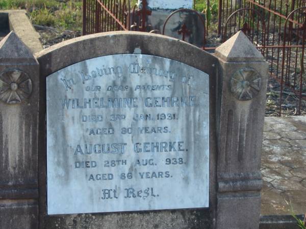 Wilhelmine GEHRKE  | died 3 Jan 1931 aged 80  | August GEHRKE  | 28 Aug 1938 aged 86  | Minden/Coolana - St Johns Lutheran  | 