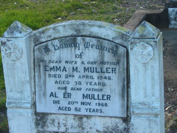 Emma M MULLER  | 2 Apr 1948 aged 58  | Albert MULLER  | 20 Nov 1968 aged 82  | Minden/Coolana - St Johns Lutheran  | 