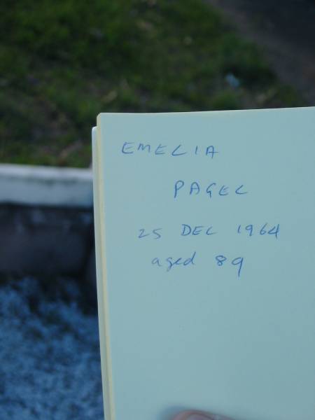 Carl C PAGEL  | 2 Mar 1948 aged 77  | Emelia PAGEL  | 25 Dec 1964 aged 89  | Minden/Coolana - St Johns Lutheran  | 