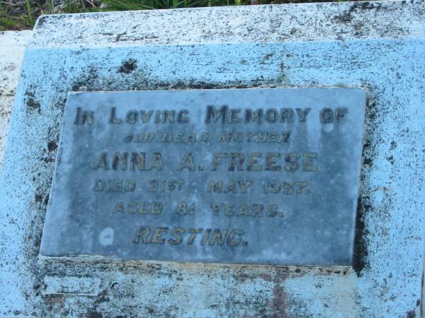 Anna A FREESE  | 31 May 1957 aged 81  | Minden/Coolana - St Johns Lutheran  | 