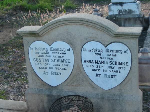 Gustav SCHIMKE  | 10 July 1941 aged 66  | Anna Maria SCHIMKE  | 25 Jul 1973 aged 90  |   | Minden/Coolana - St Johns Lutheran  | 