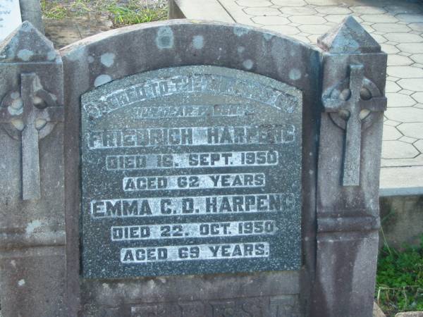 Friedrich HARPENG  | 16 Sep 1950 aged 62  | Emma C D HARPENG  | 22 Oct 1950 aged 69  | Minden/Coolana - St Johns Lutheran  | 