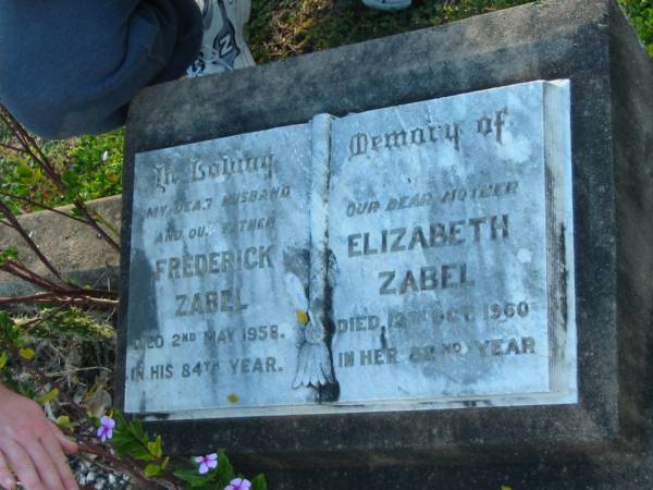 Frederick ZABEL  | 2 May 1958 in his 84th year  | Elizabeth ZABEL  | 12 Oct 1960 in her 82nd year  | Minden/Coolana - St Johns Lutheran  | 