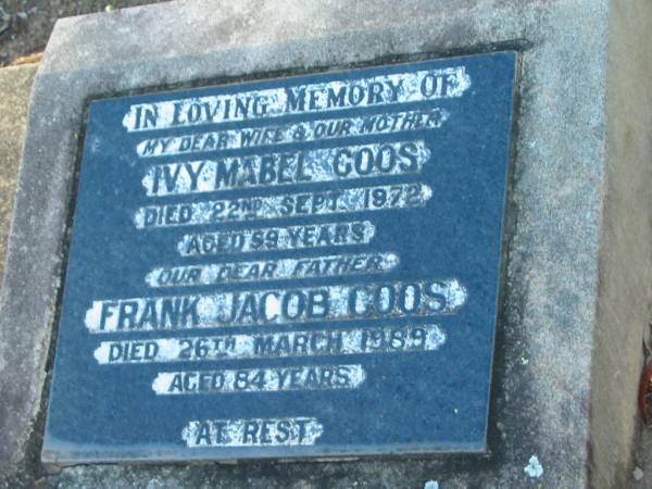 Ivy Mabel GOOS  | 22 Sep 1972 aged 59  | Frank Jacob GOOS  | 26 Mar 1989 aged 84  | Minden/Coolana - St Johns Lutheran  | 