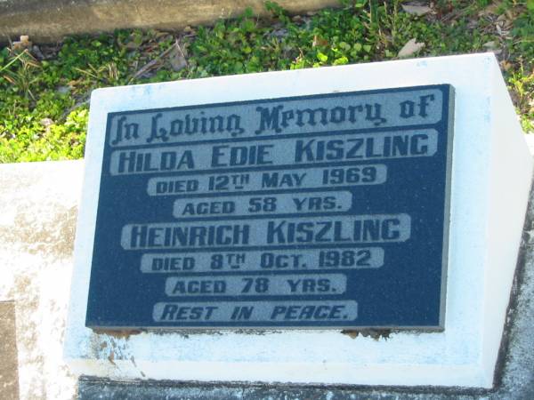 Hilda Edie KISZLING  | 12 May 1969 aged 58  | Heinrich KISZLING  | 8 Oct 1982 aged 78  | Minden/Coolana - St Johns Lutheran  | 