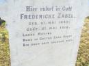 Ludwig Ferdinand ZABEL, father, born 18 Nov 1843 died 5 Nov 1913; Fredericke ZABEL, mother, born 21 May 1849 died 21 May 1915; Ludwig & Friedericke arrived 3-11-1870, reunion 2-11-1985; St Johns Evangelical Lutheran Church, Minden, Esk Shire 