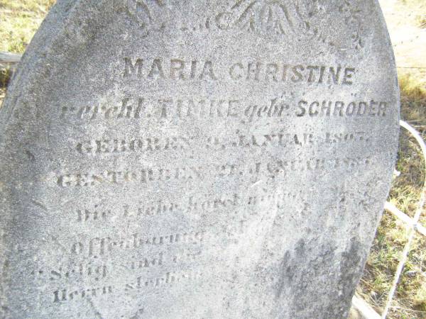 Maria Christine TIMKE (nee SCHRODER),  | born 9 Jan 1803 died 21 Jan 1884?;  | St Johns Evangelical Lutheran Church, Minden, Esk Shire  | 