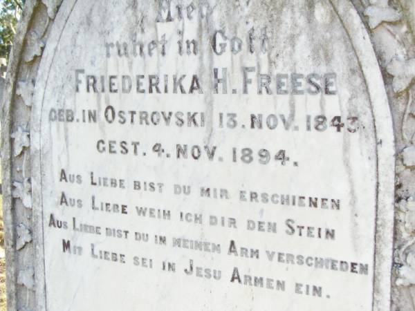 Friederika H. FREESE, nee OSTROVSKI,  | born 13 Nov 1843 died 4 Nov 1894;  | St Johns Evangelical Lutheran Church, Minden, Esk Shire  |   | 