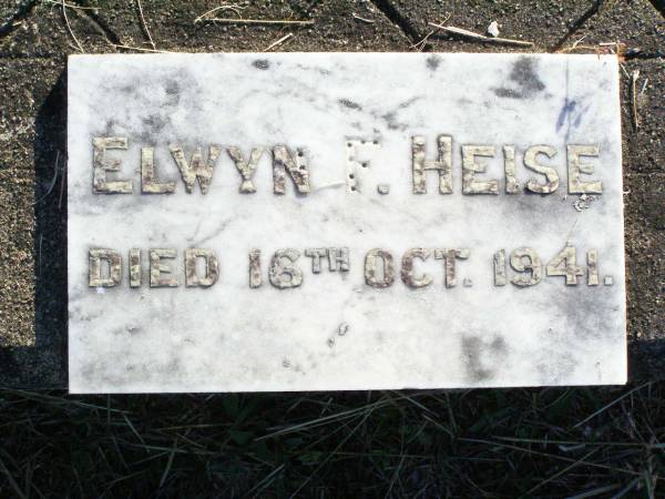 Elwyn F. HEISE,  | died 16 Oct 1941;  | St Johns Evangelical Lutheran Church, Minden, Esk Shire  | 