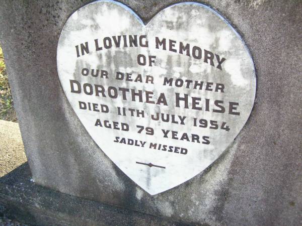 Dorothea HEISE, mother,  | died 11 July 1954 aged 79 years;  | St Johns Evangelical Lutheran Church, Minden, Esk Shire  | 