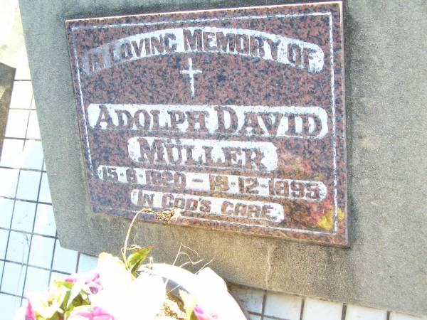 Adolph David MULLER,  | 15-6-1920 - 19-12-1995;  | St Johns Evangelical Lutheran Church, Minden, Esk Shire  | 