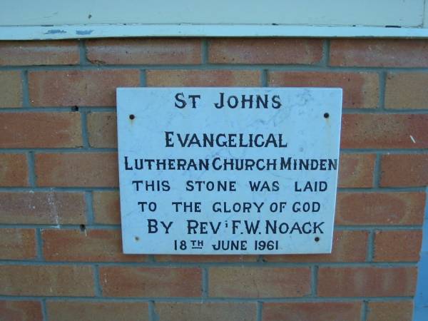 Rev F.W. NOACK;  | St Johns Evangelical Lutheran Church, Minden, Esk Shire  | 