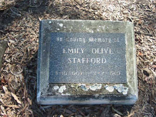 Emily Olive Stafford  | 8-10-1909 to 7-7-1960  |   | Moggill Historic cemetery (Brisbane)  | 