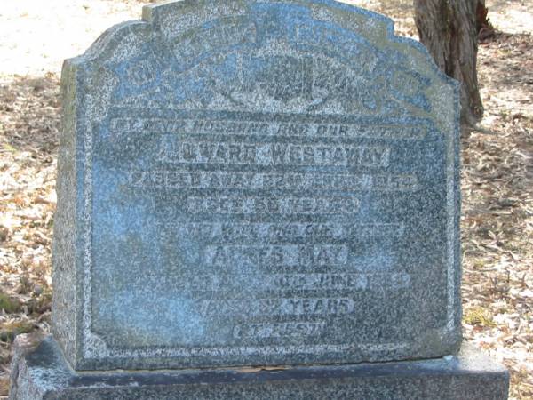 husband  | Edward Westaway  | 2 Apr 1954  | 56 yrs  |   | wife  | Agnes May  | 10 Jun 1994  | 92 yrs  |   | Moggill Historic cemetery (Brisbane)  | 