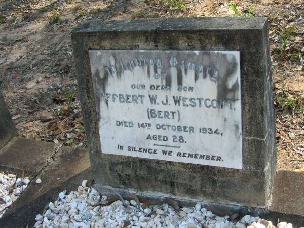 Herbert W J Westcott (Bert)  | 14 Oct 1934  | 28 yrs  |   | Moggill Historic cemetery (Brisbane)  | 